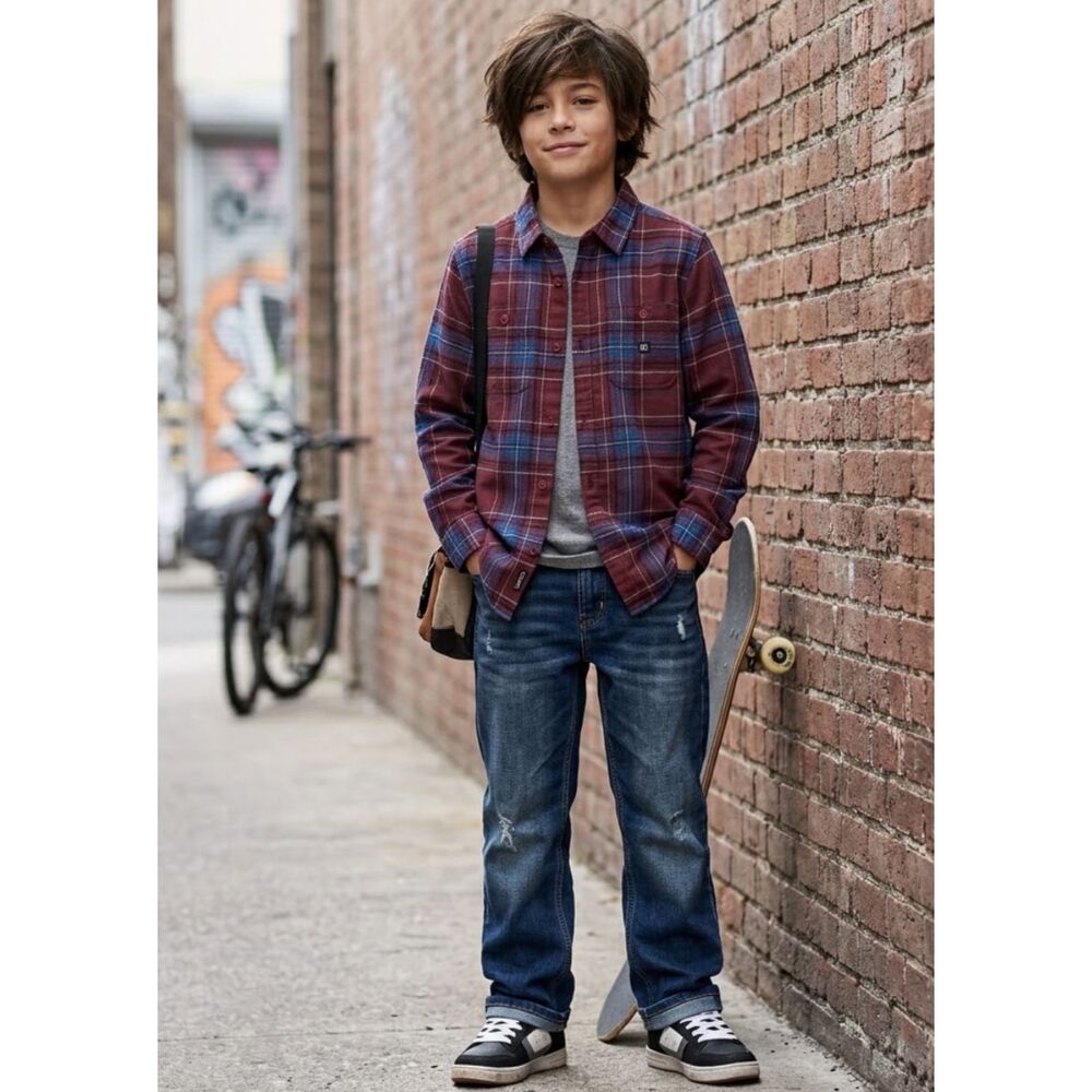 New DC Kids Big Boys' Kingsmen Plaid Button-Down Long Sleeve Shirt Size 11-12 Y